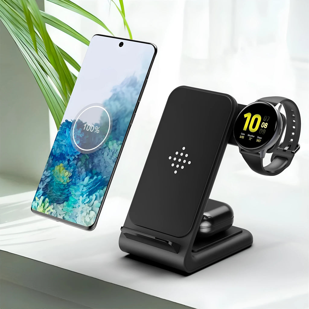 Three-in-one wireless charging bracket for iPhone and Samsung smartwatches in black and white colour options