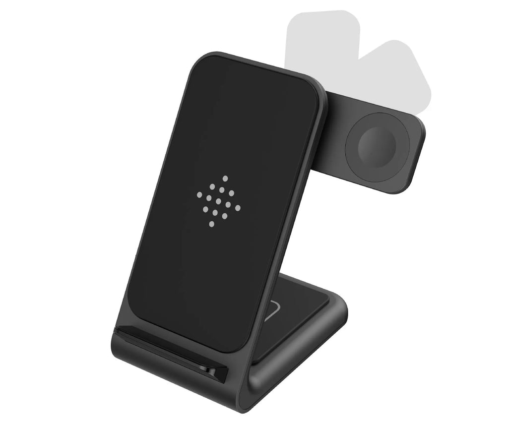 Three-in-one wireless charging bracket for iPhone and Samsung smartwatches in black and white colour options