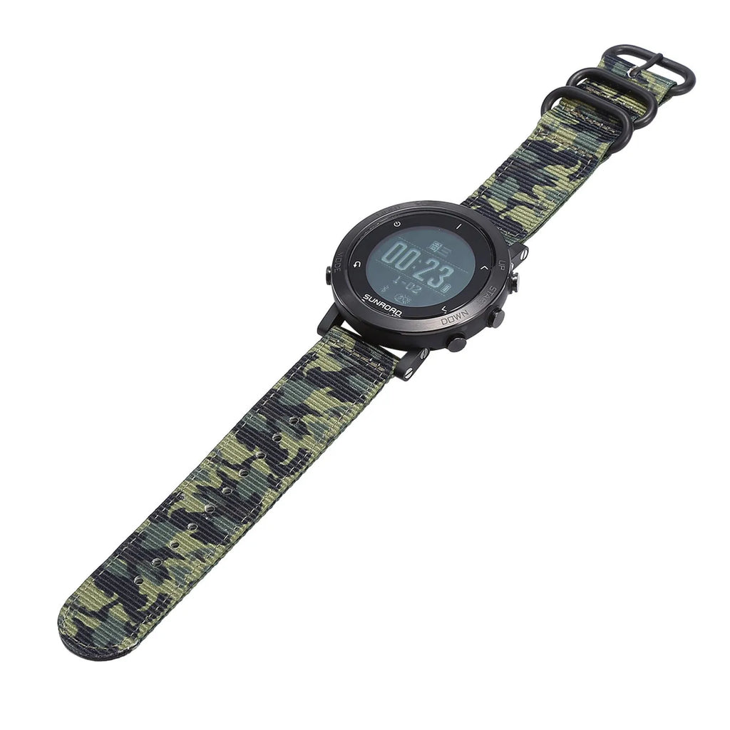 Black smart sports watch with GPS and heart rate monitor on a nylon strap
