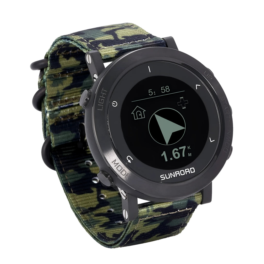 Black smart sports watch with GPS and heart rate monitor on a nylon strap