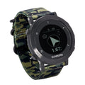 Black smart sports watch with GPS and heart rate monitor on a nylon strap