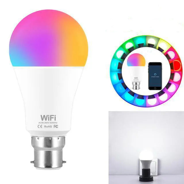 15W WiFi smart LED light bulb with E27 and B22 base options for RGB and warm white lighting