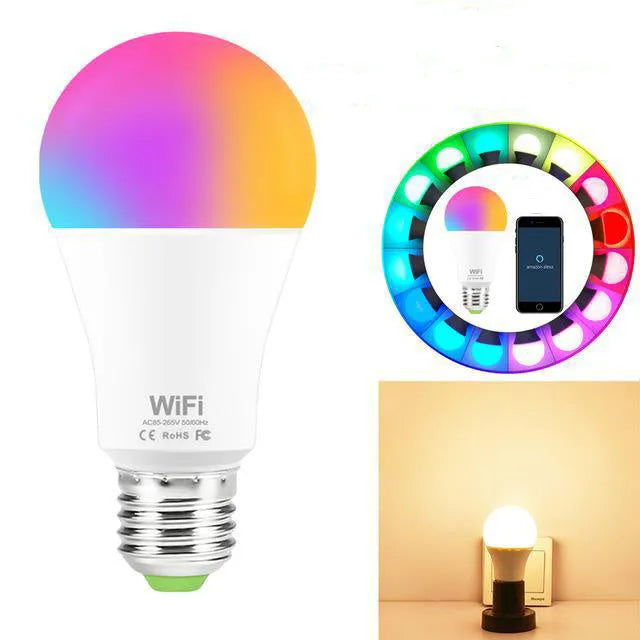15W WiFi smart LED light bulb with E27 and B22 base options for RGB and warm white lighting
