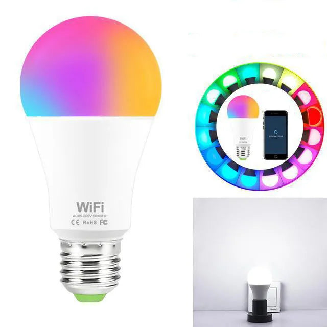 15W WiFi smart LED light bulb with E27 and B22 base options for RGB and warm white lighting
