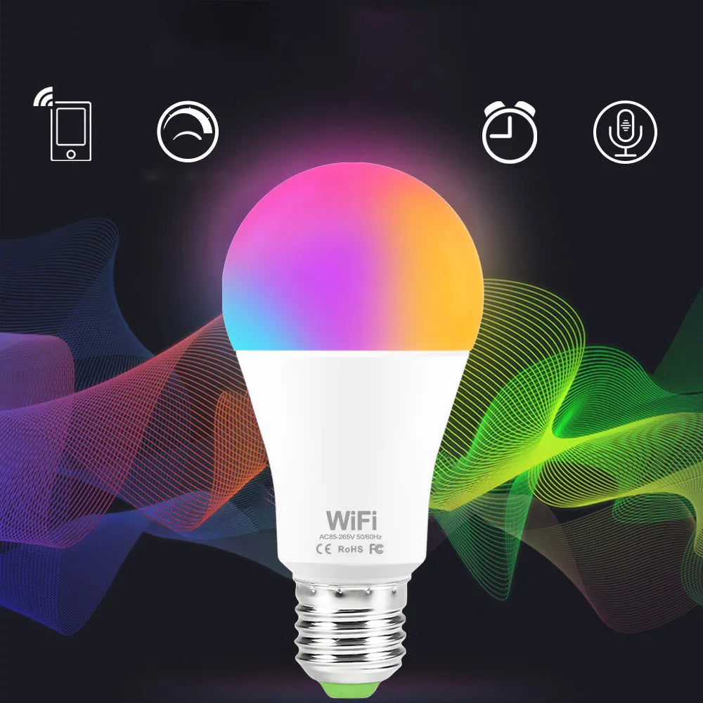15W WiFi smart LED light bulb with E27 and B22 base options for RGB and warm white lighting