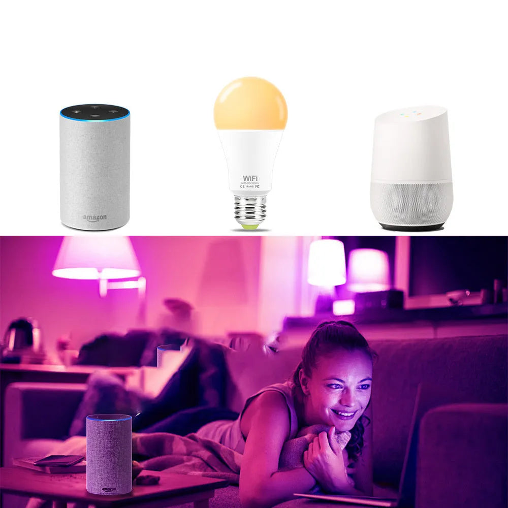 15W WiFi smart LED light bulb with E27 and B22 base options for RGB and warm white lighting