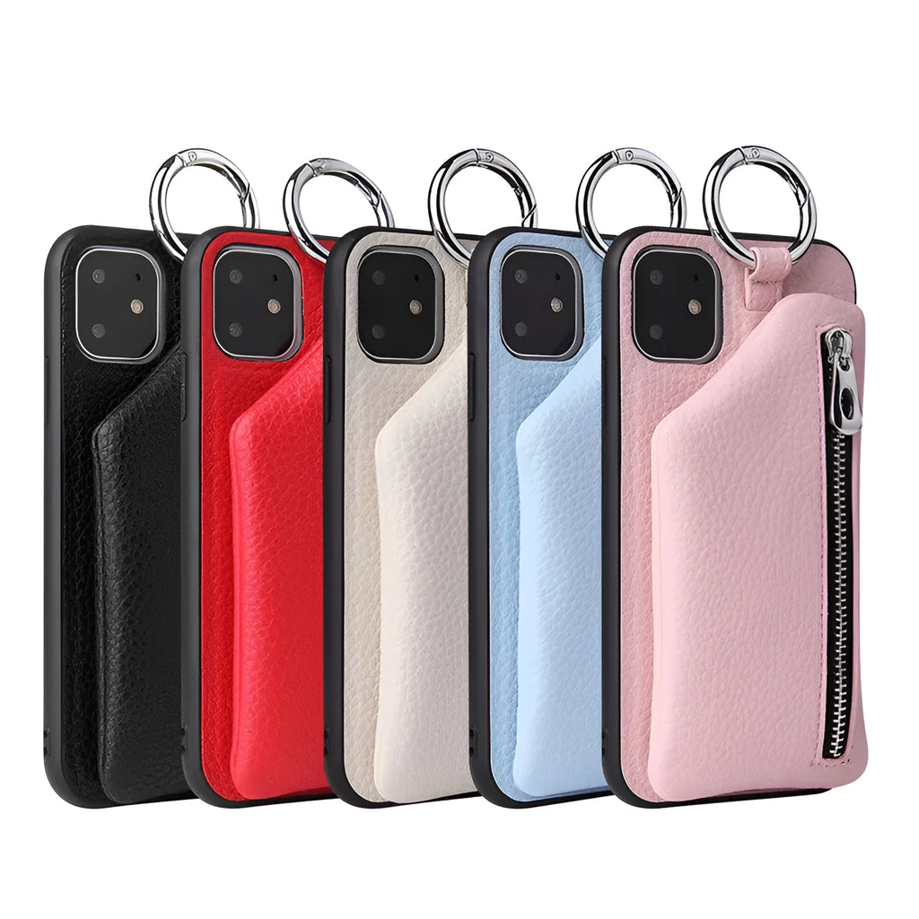 PU leather phone case with long strap worn crossbody, shown in pink colour.