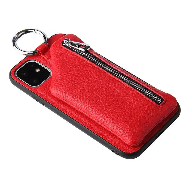 PU leather phone case with long strap worn crossbody, shown in pink colour.