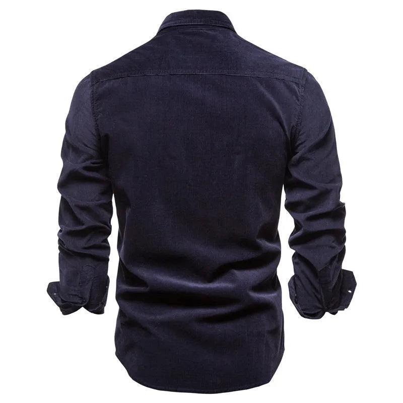Men's long sleeve linen shirt in a college style, shown in Denim Blue colour.