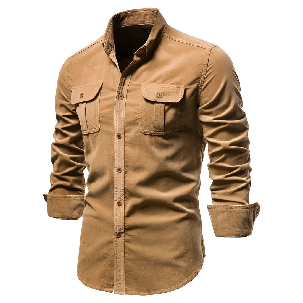 Men's long sleeve linen shirt in a college style, shown in Denim Blue colour.