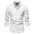 Men's long sleeve linen shirt in a college style, shown in Denim Blue colour.