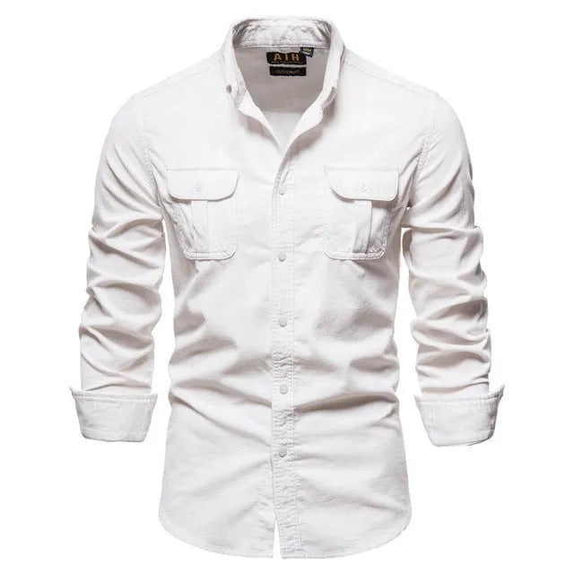 Men's long sleeve linen shirt in a college style, shown in Denim Blue colour.
