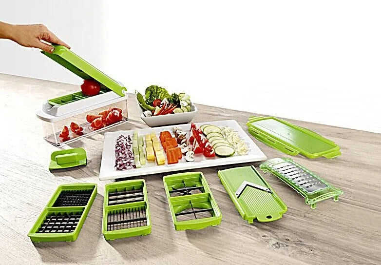 Green 12-piece manual vegetable chopper set with stainless steel blades on kitchen counter