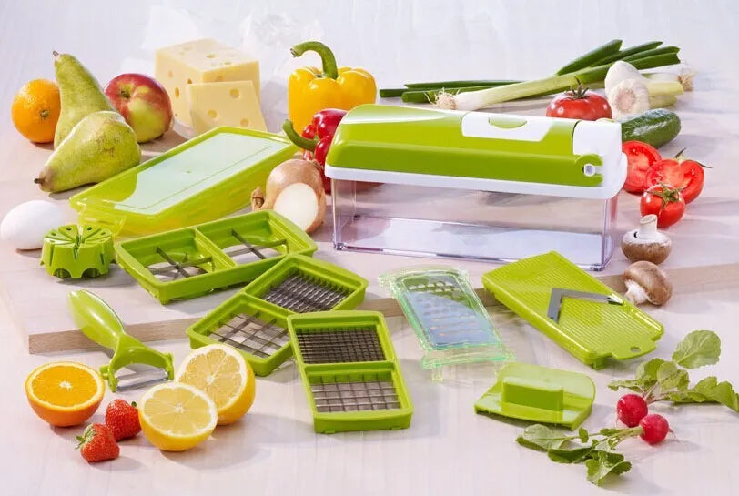 Green 12-piece manual vegetable chopper set with stainless steel blades on kitchen counter