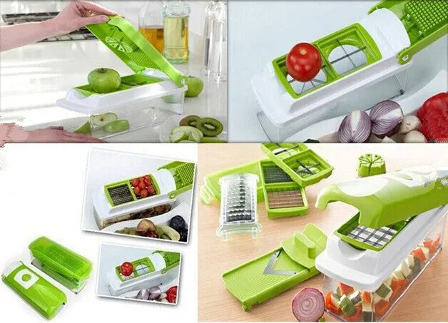 Green 12-piece manual vegetable chopper set with stainless steel blades on kitchen counter