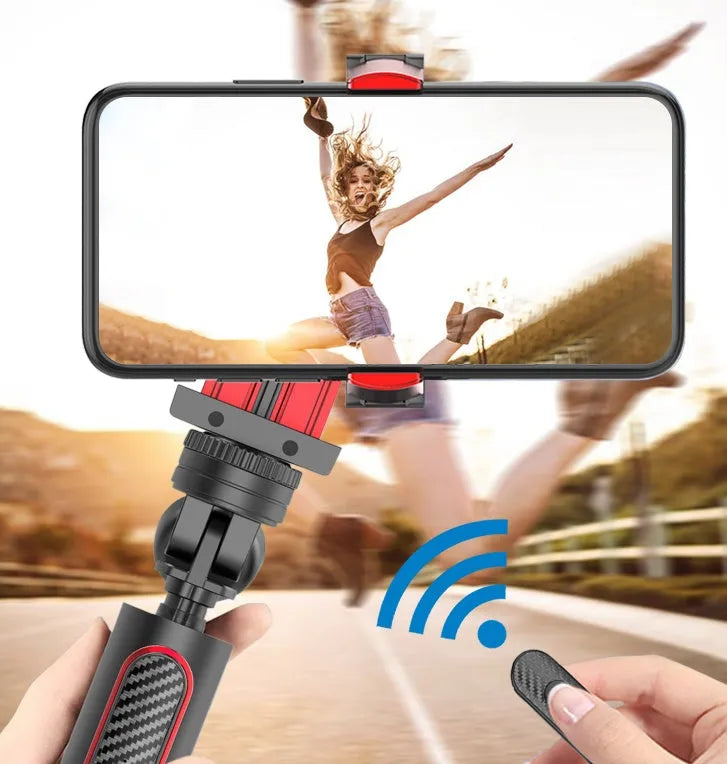 Aluminum video stabilizer tripod extended to 716mm with iPhone clamped securely between adjustable arms