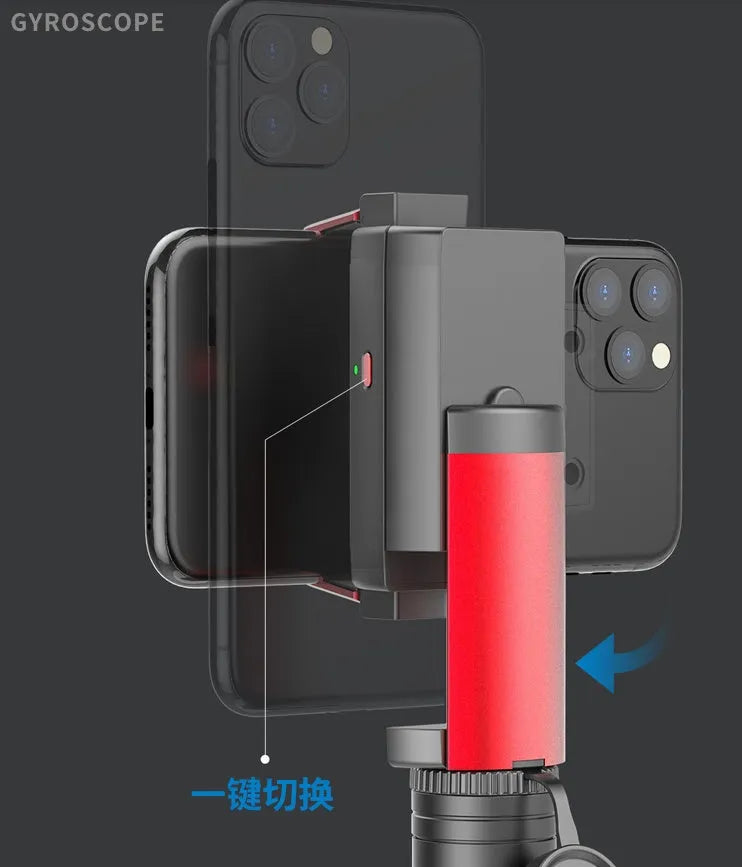 Aluminum video stabilizer tripod extended to 716mm with iPhone clamped securely between adjustable arms