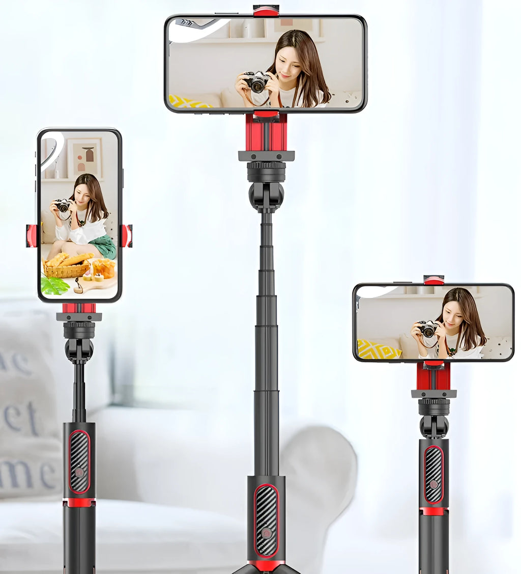 Aluminum video stabilizer tripod extended to 716mm with iPhone clamped securely between adjustable arms