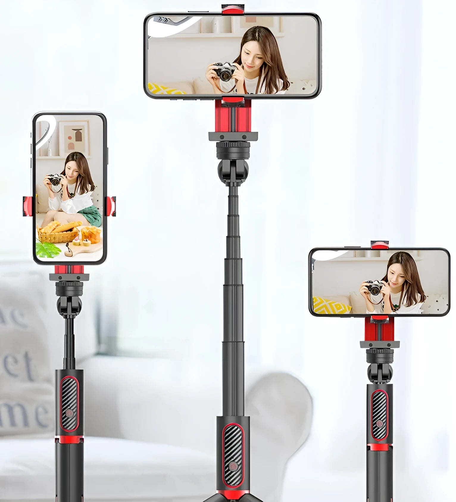 Aluminum video stabilizer tripod extended to 716mm with iPhone clamped securely between adjustable arms