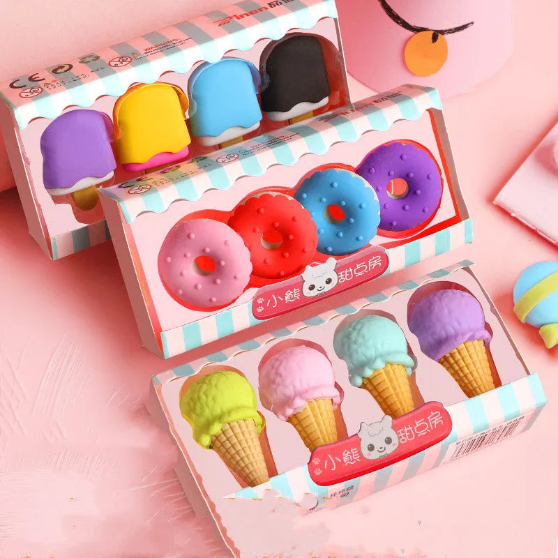 Set of 12 colourful cartoon food erasers including ice cream cones, donuts, and lollipops.