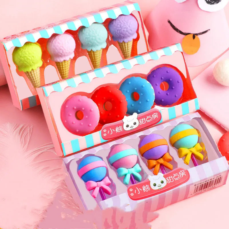 Set of 12 colourful cartoon food erasers including ice cream cones, donuts, and lollipops.