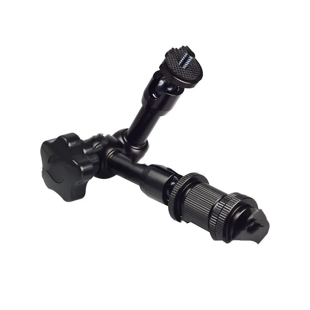 Black 7-inch metal magic friction articulating arm for DSLR cameras with ball heads and mounts.