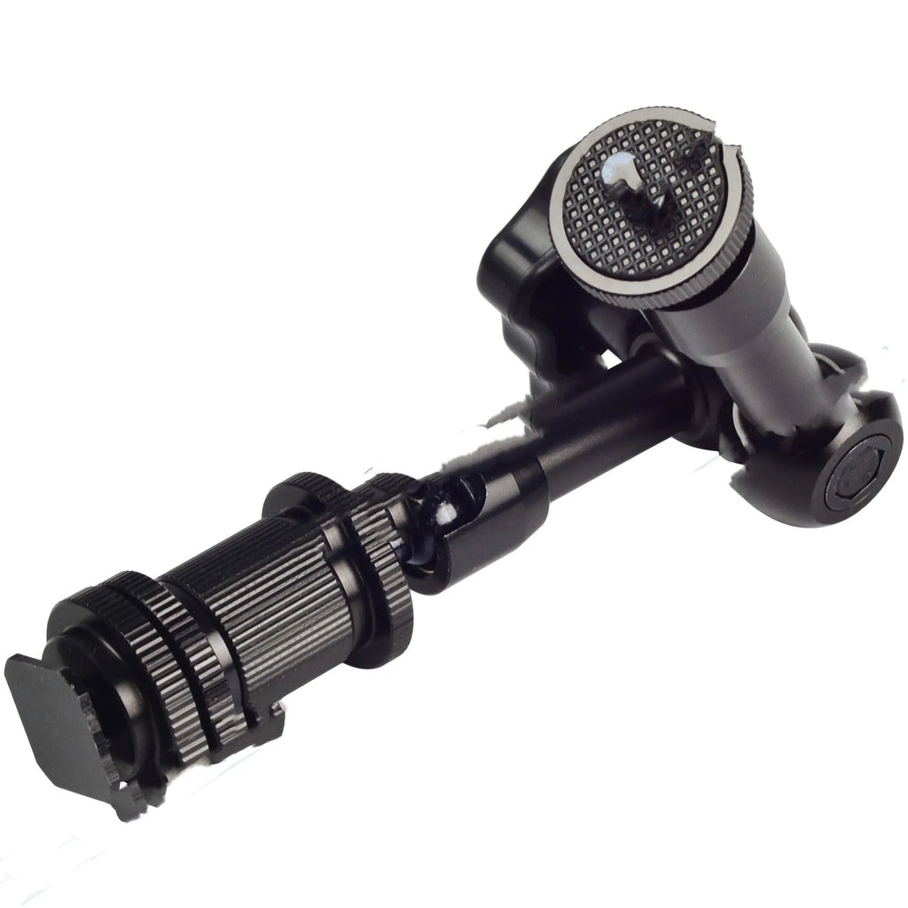 Black 7-inch metal magic friction articulating arm for DSLR cameras with ball heads and mounts.