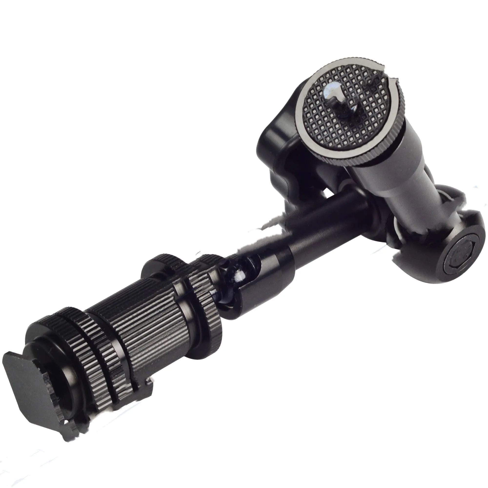 Black 7-inch metal magic friction articulating arm for DSLR cameras with ball heads and mounts.