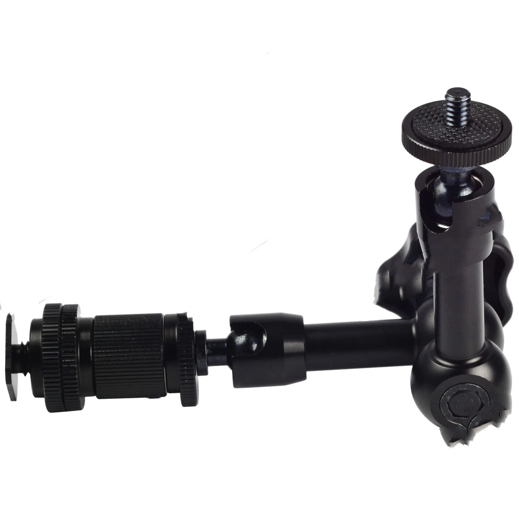 Black 7-inch metal magic friction articulating arm for DSLR cameras with ball heads and mounts.