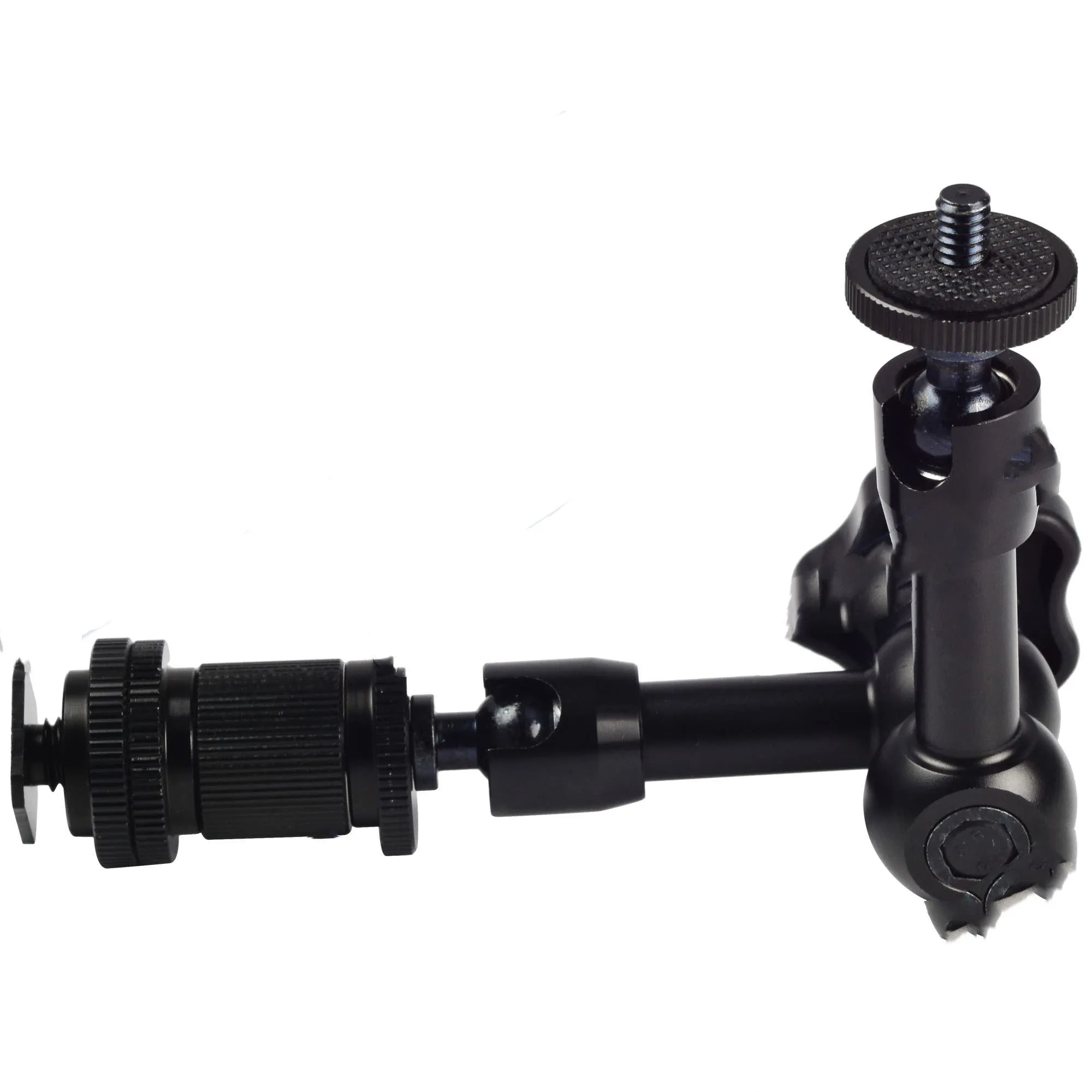 Black 7-inch metal magic friction articulating arm for DSLR cameras with ball heads and mounts.