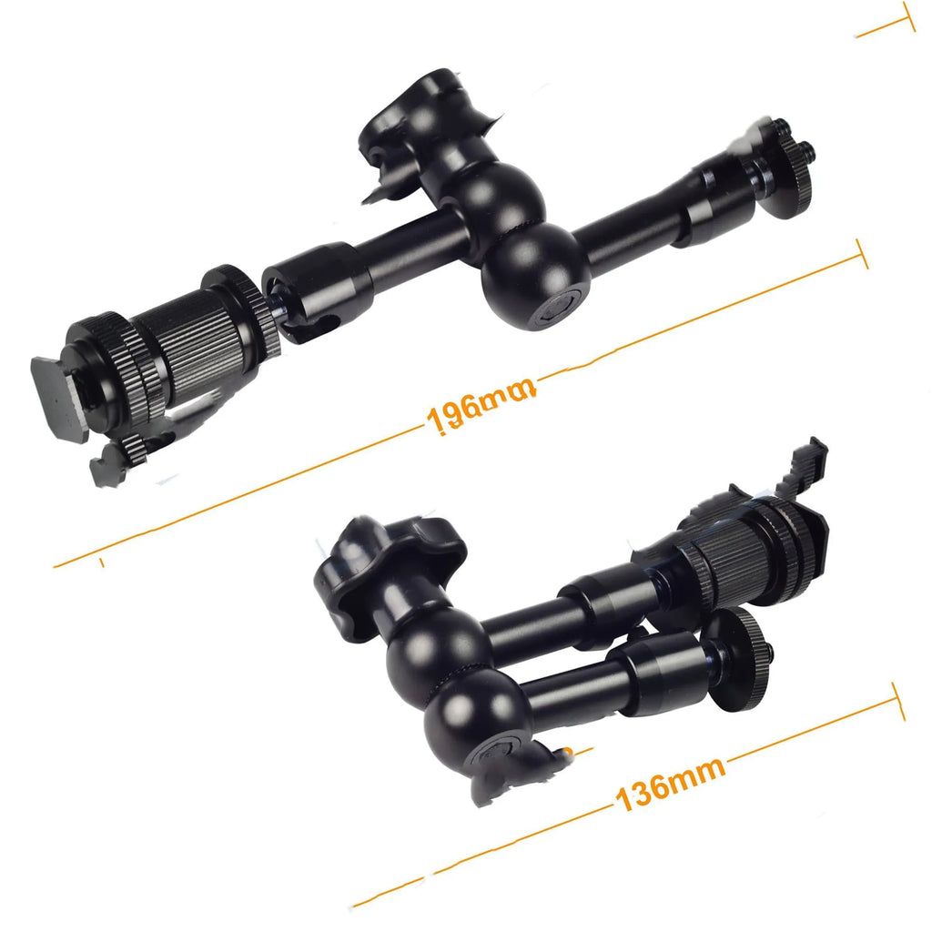 Black 7-inch metal magic friction articulating arm for DSLR cameras with ball heads and mounts.