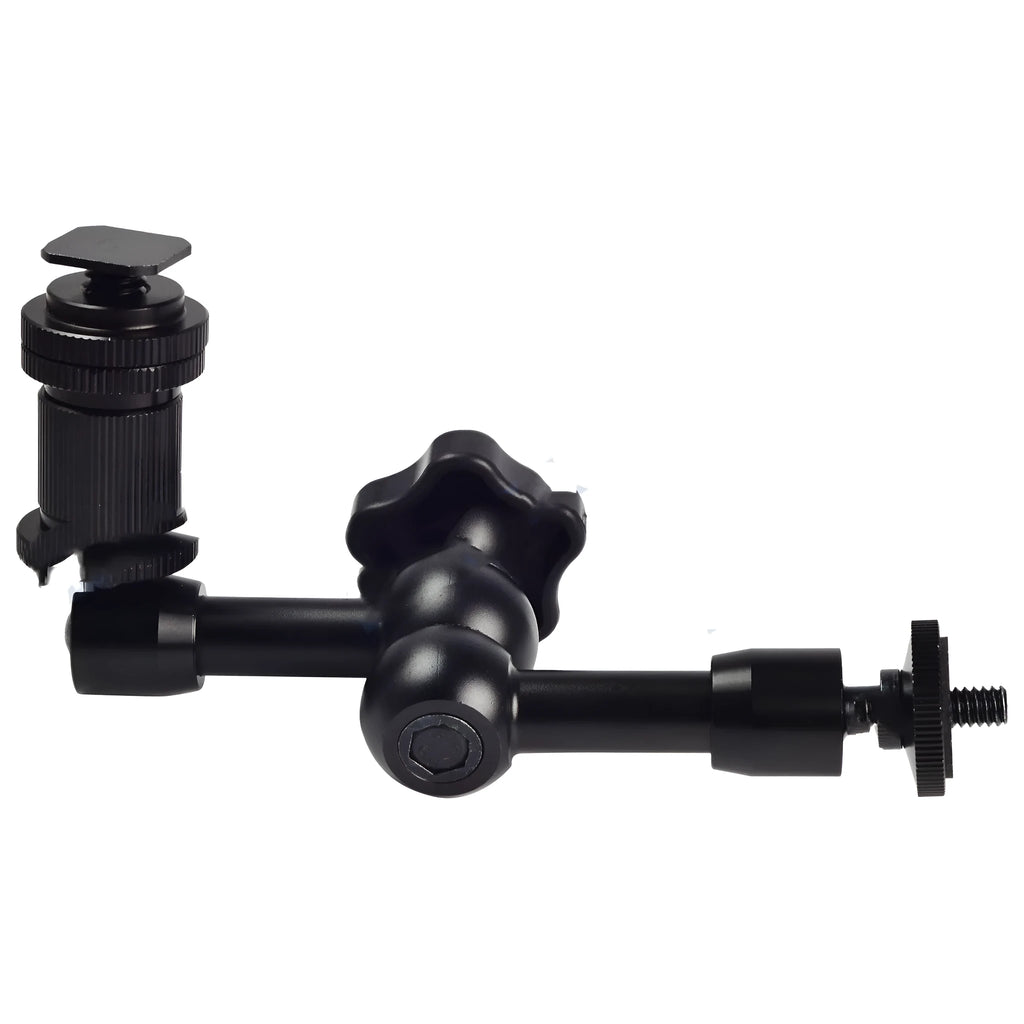 Black 7-inch metal magic friction articulating arm for DSLR cameras with ball heads and mounts.