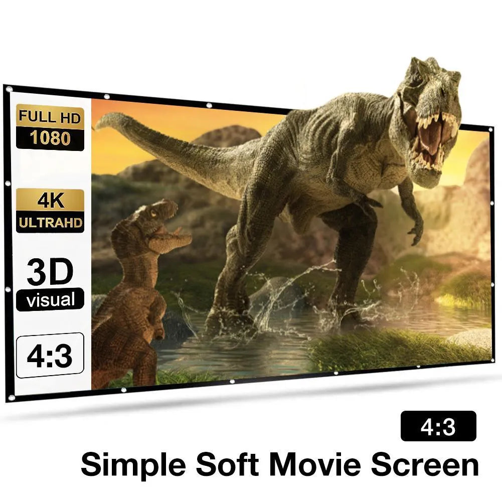 150-inch white polyester folding projection screen shown in 4:3 aspect ratio