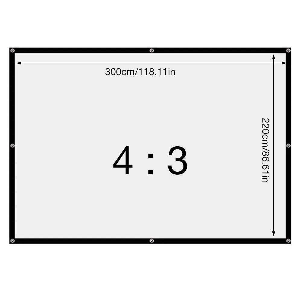 150-inch white polyester folding projection screen shown in 4:3 aspect ratio