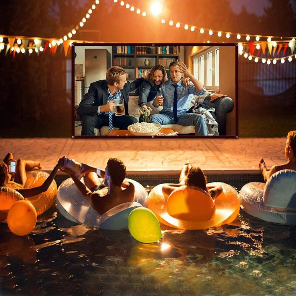 150-inch white polyester folding projection screen shown in 4:3 aspect ratio