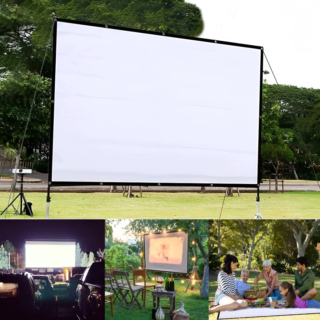 150-inch white polyester folding projection screen shown in 4:3 aspect ratio