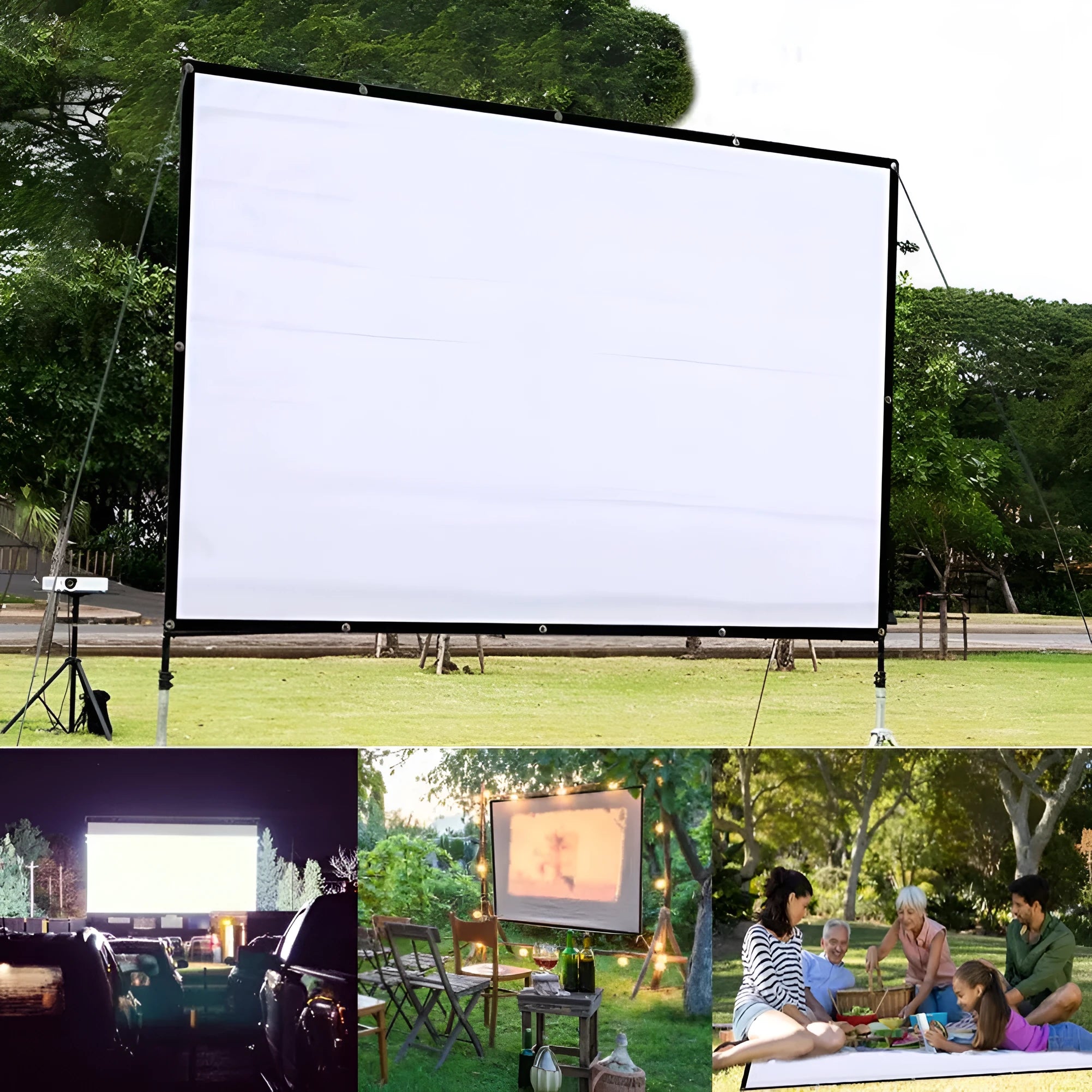 150-inch white polyester folding projection screen shown in 4:3 aspect ratio