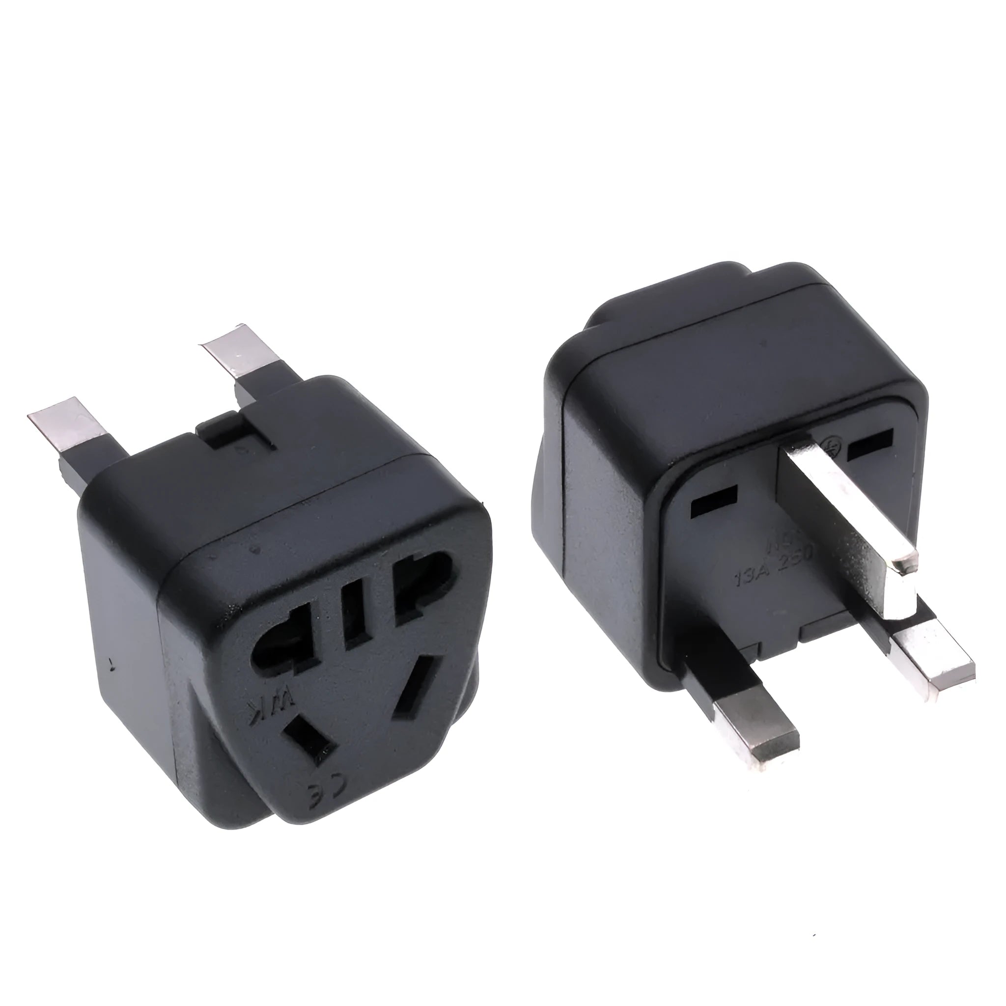 White or black universal international plug adapter for UK three-pin sockets with 13A 250V rating