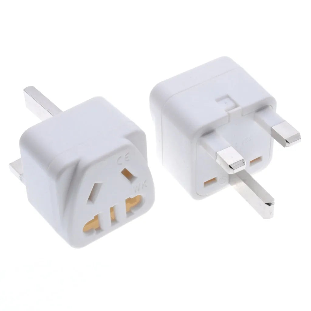 White or black universal international plug adapter for UK three-pin sockets with 13A 250V rating