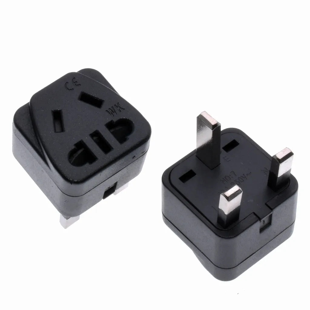 White or black universal international plug adapter for UK three-pin sockets with 13A 250V rating