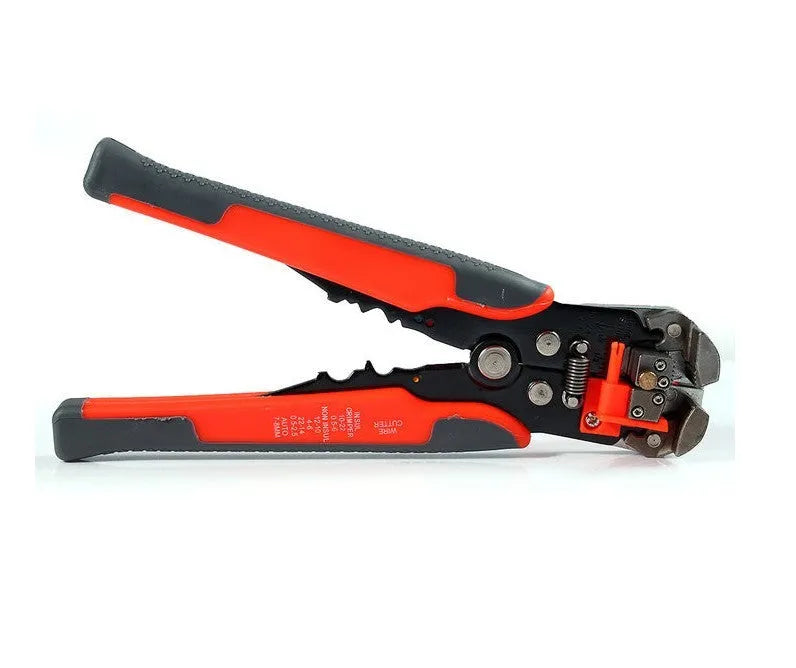Yellow automatic wire stripper and crimping tool with adjustment screw for 10-24 AWG cables