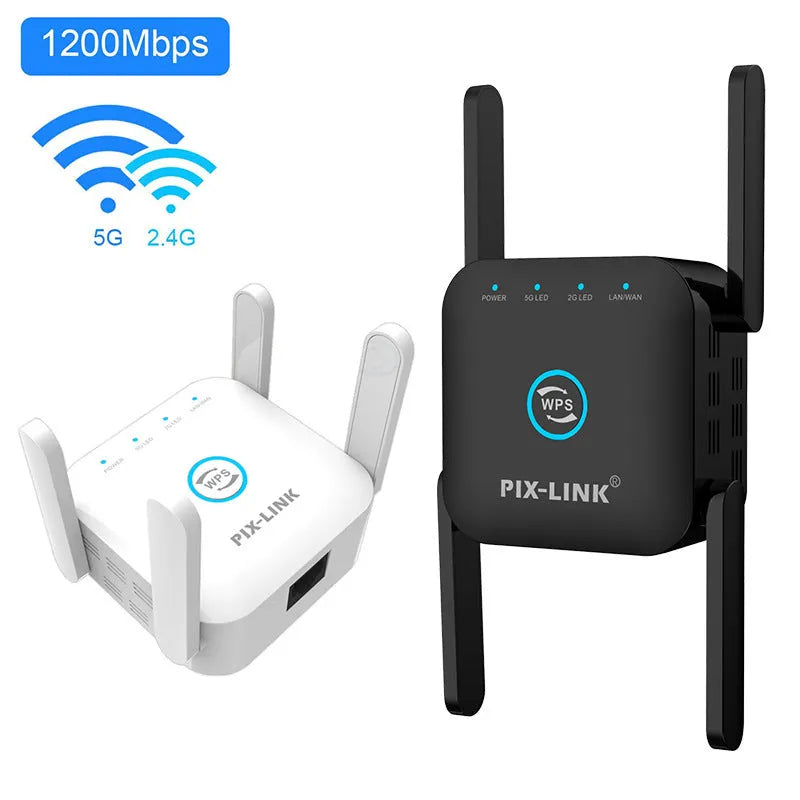 PIXLINK AC24 black and white dual band wireless WiFi extender router unit