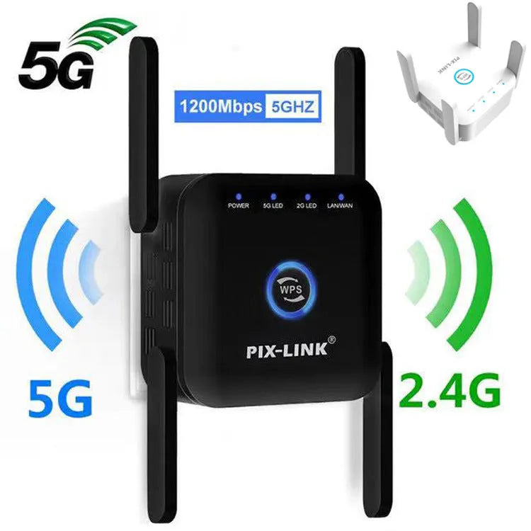 PIXLINK AC24 black and white dual band wireless WiFi extender router unit