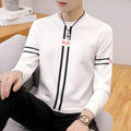 Mens printed long-sleeve T-shirt in black with stripe pattern, round neck, straight fit on model