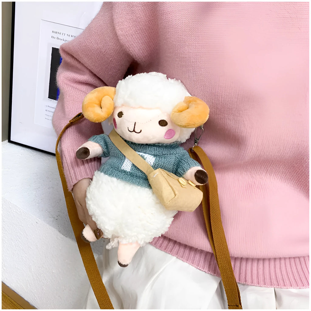 Little Sheep small plush crossbody bag with square design and lamb pattern in blue colour