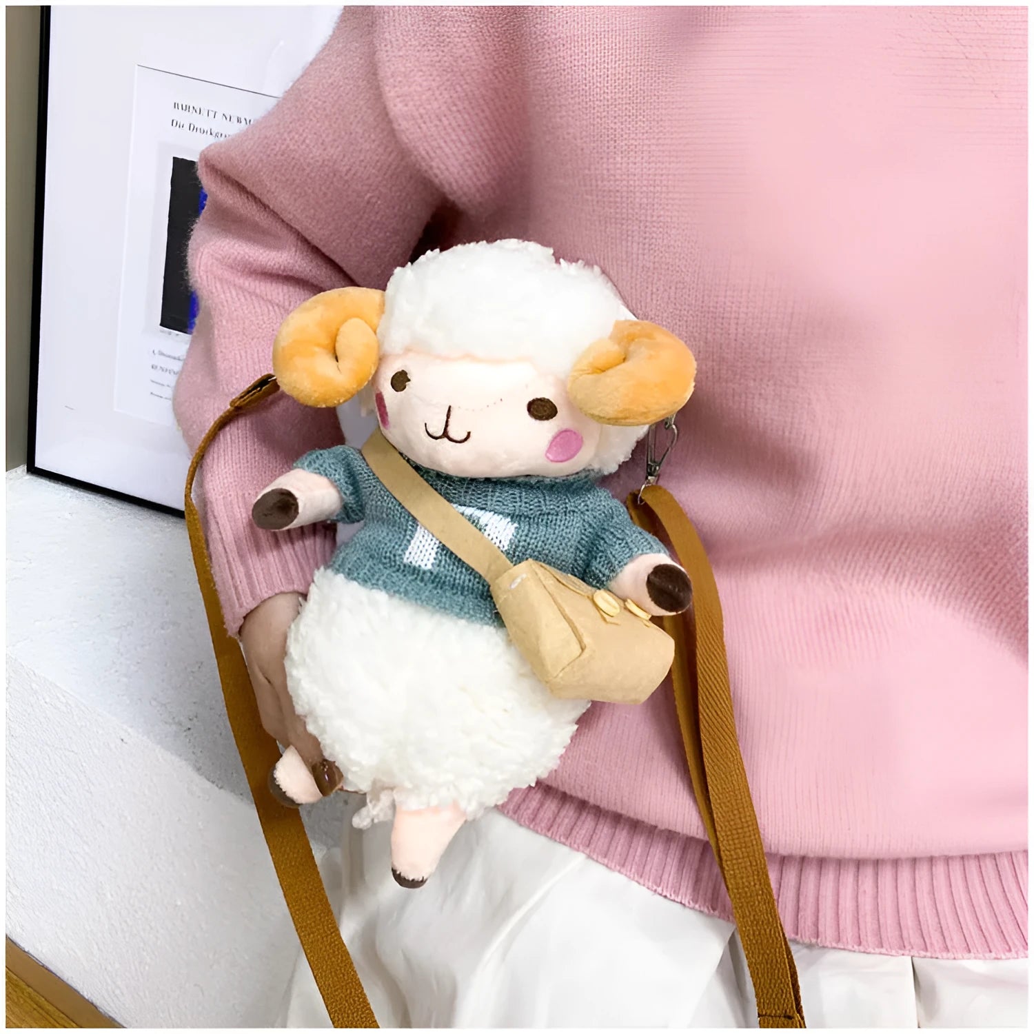 Little Sheep small plush crossbody bag with square design and lamb pattern in blue colour
