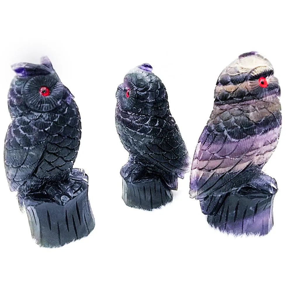 Daxiao hand carved purple fluorite owl ornament on a stand, approx 4 inches tall.