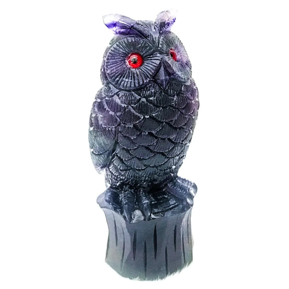 Daxiao hand carved purple fluorite owl ornament on a stand, approx 4 inches tall.