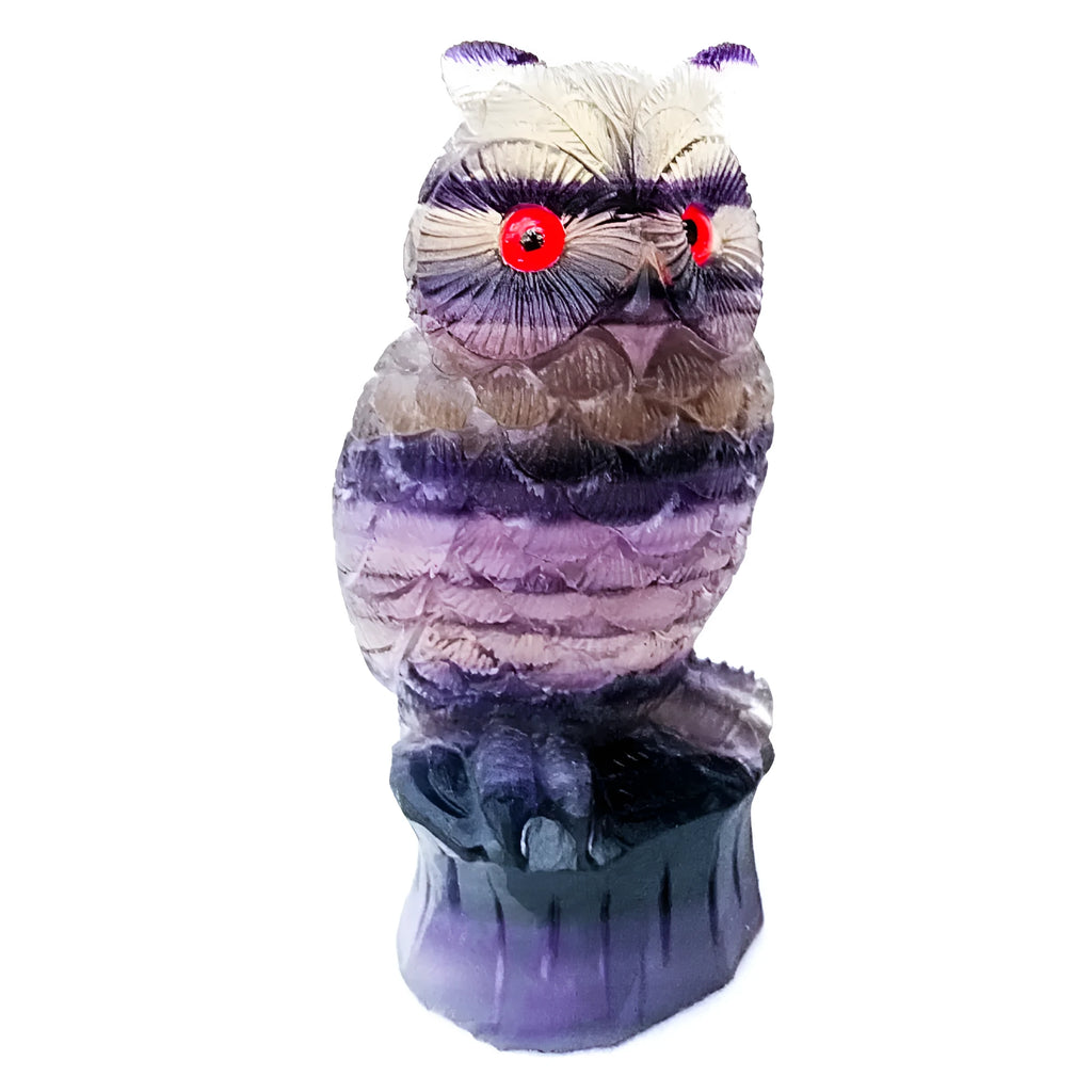 Daxiao hand carved purple fluorite owl ornament on a stand, approx 4 inches tall.
