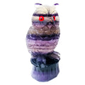 Daxiao hand carved purple fluorite owl ornament on a stand, approx 4 inches tall.